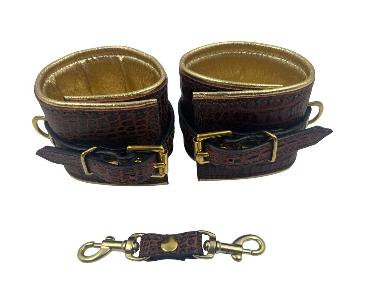 Ankle Cuffs in Brown Croc and Gold Leather