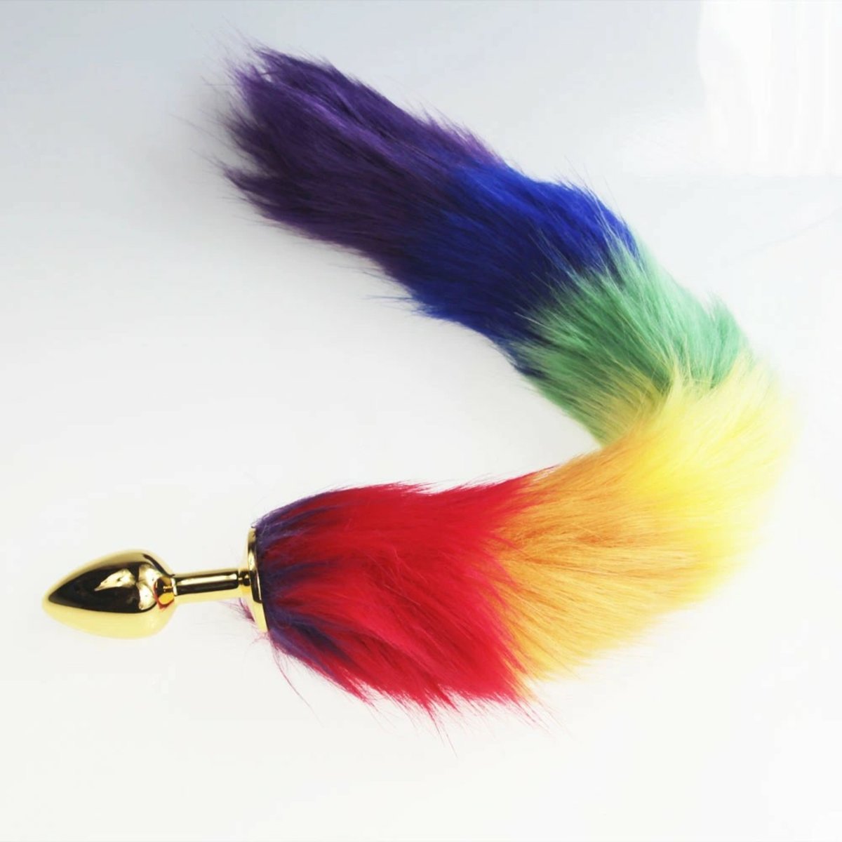 Rainbow Faux Fur Tail Gold Butt Plug