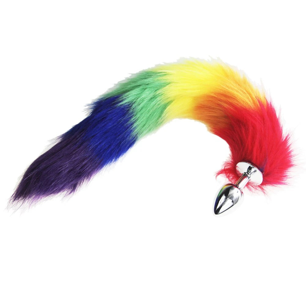 Rainbow Faux Fur Tail Silver Butt Plug