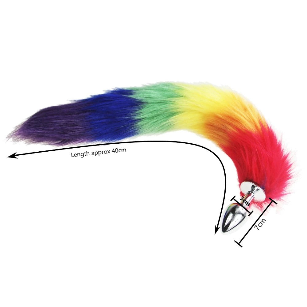 Rainbow Faux Fur Tail Silver Butt Plug