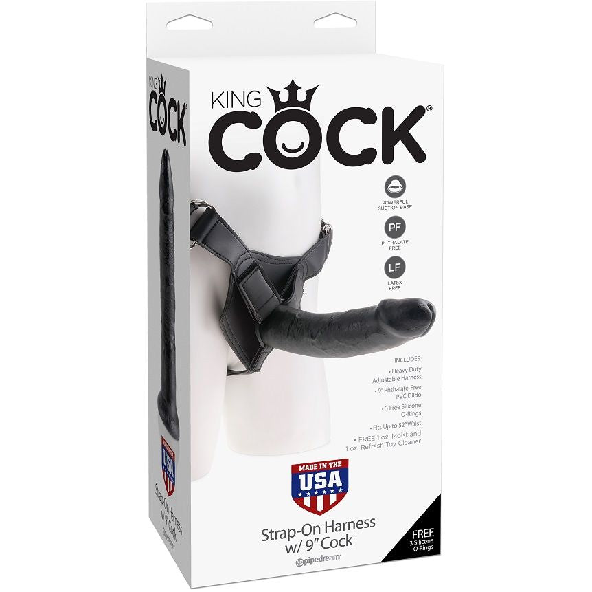 King Cock and Harness 9inch Black Dildo