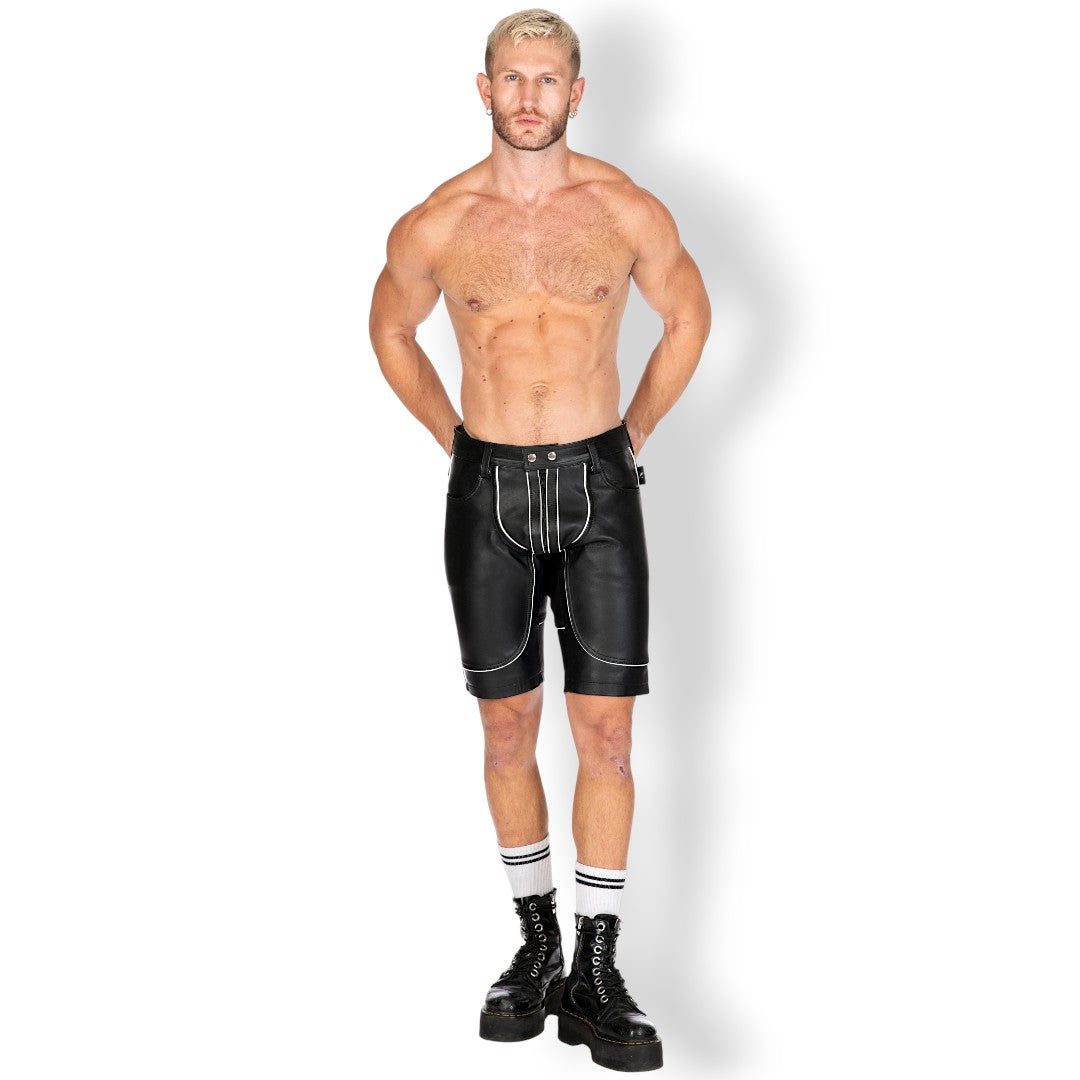 Liberation-X Knee Length Leather Pouch Shorts Black With White Piping