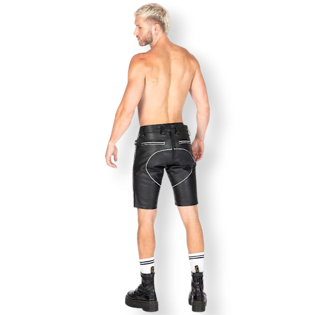 Liberation-X Knee Length Leather Pouch Shorts Black With White Piping