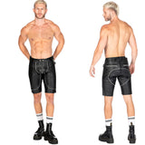 Liberation-X Knee Length Leather Pouch Shorts Black With White Piping