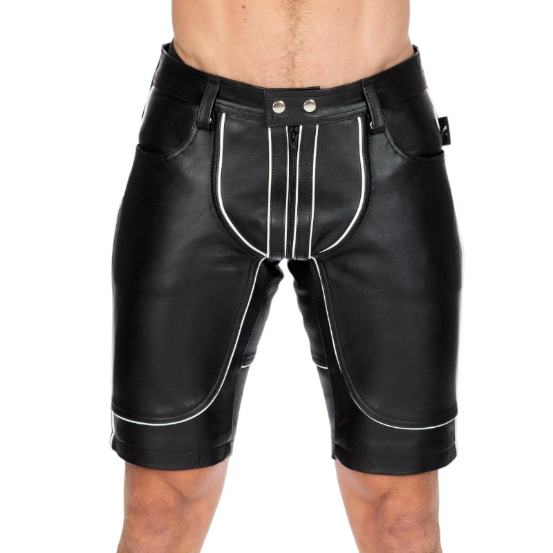 Liberation-X Knee Length Leather Pouch Shorts Black With White Piping