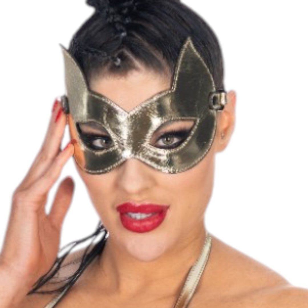 Metallic Leather Kitten Mask-Leather Lined Gold/