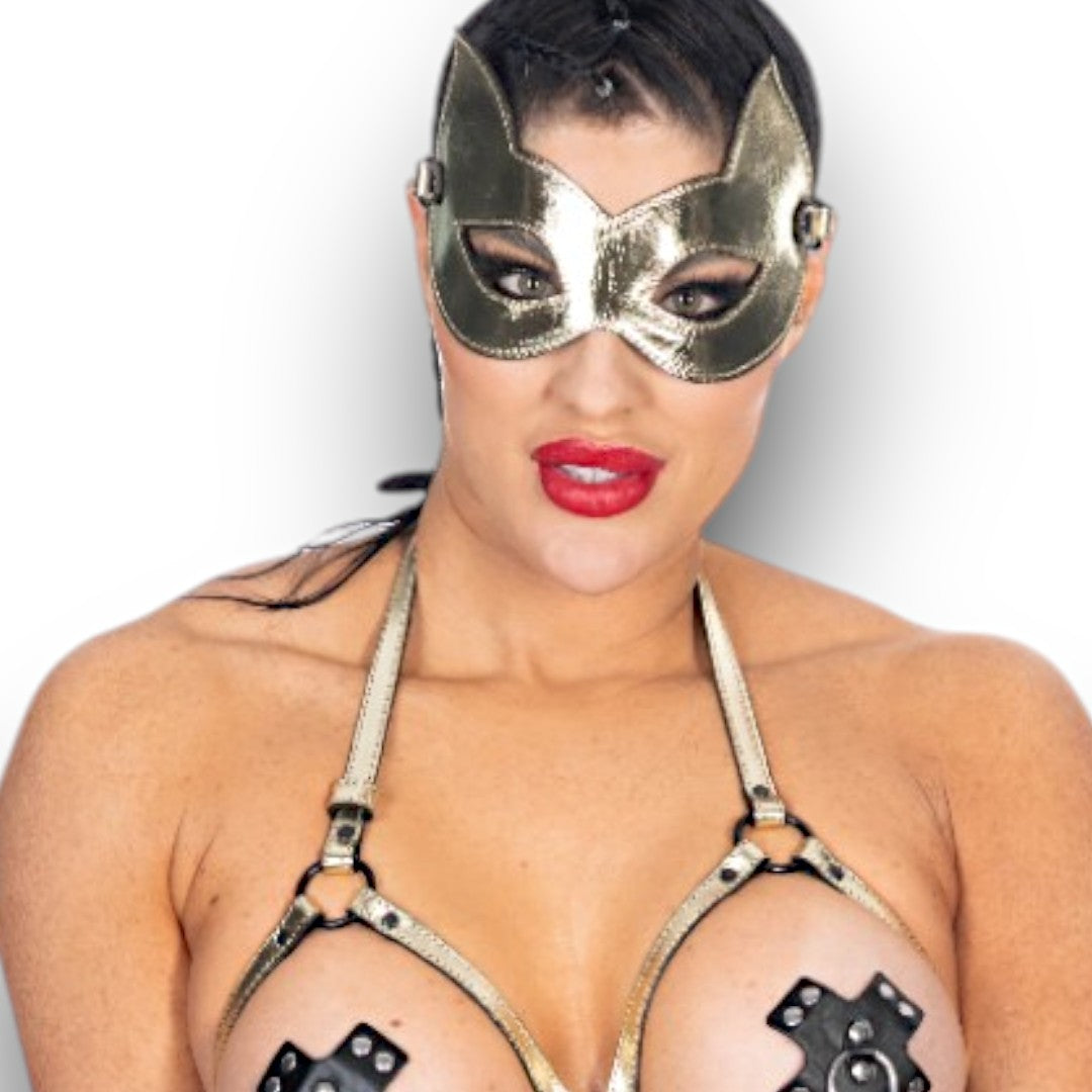 Metallic Leather Kitten Mask-Leather Lined Gold/