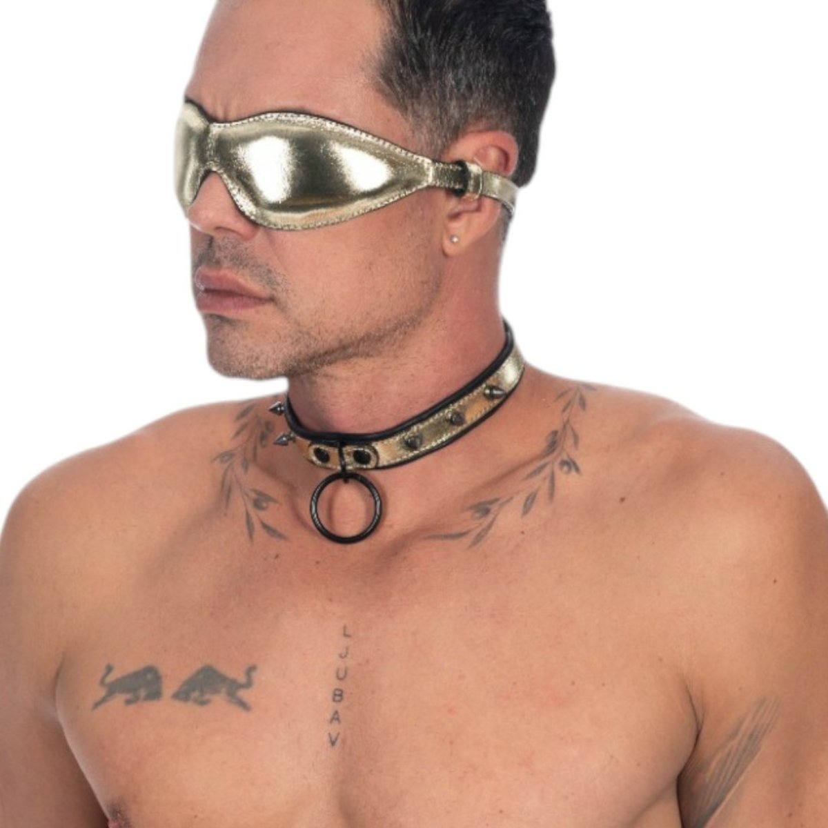 Metallic Leather Slim Spikes & Ring Collar Padded & Leather Lined Gold/Black Small Width