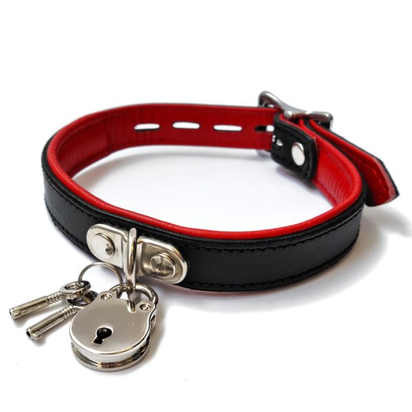 20mm Collar w/ Padlock Padded & Leather Lined BLK/RED