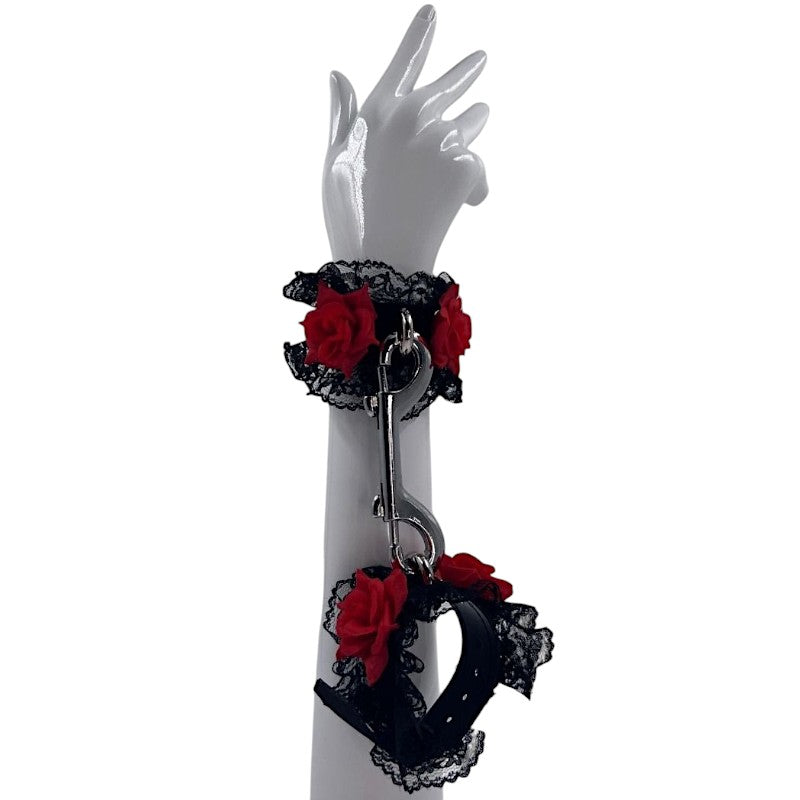 Lace And Roses Handcuffs Black & Red