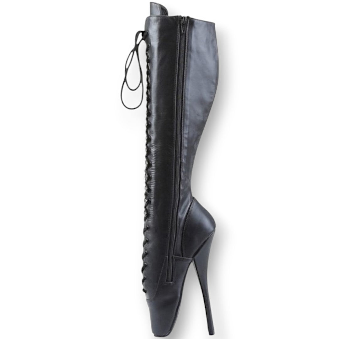 Devious Ballet-2020  Black Leather- Knee Boots 7" Heels