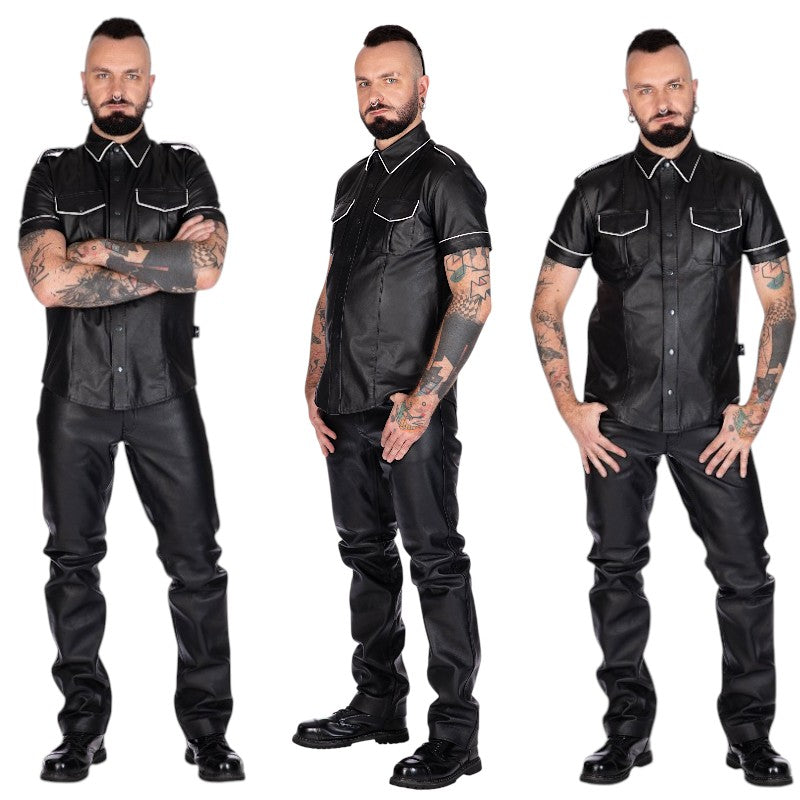 Liberation-X Short Sleeved Leather Military Shirt Black-White