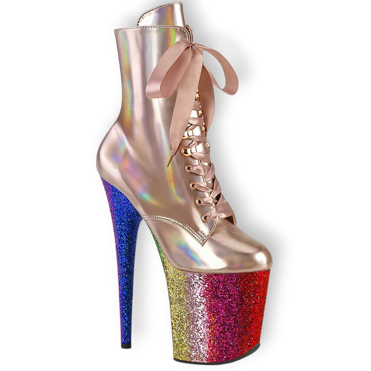 Pleaser Flamingo-1020HG Rose Gold Holo Pat/Rainbow Glitter Size06