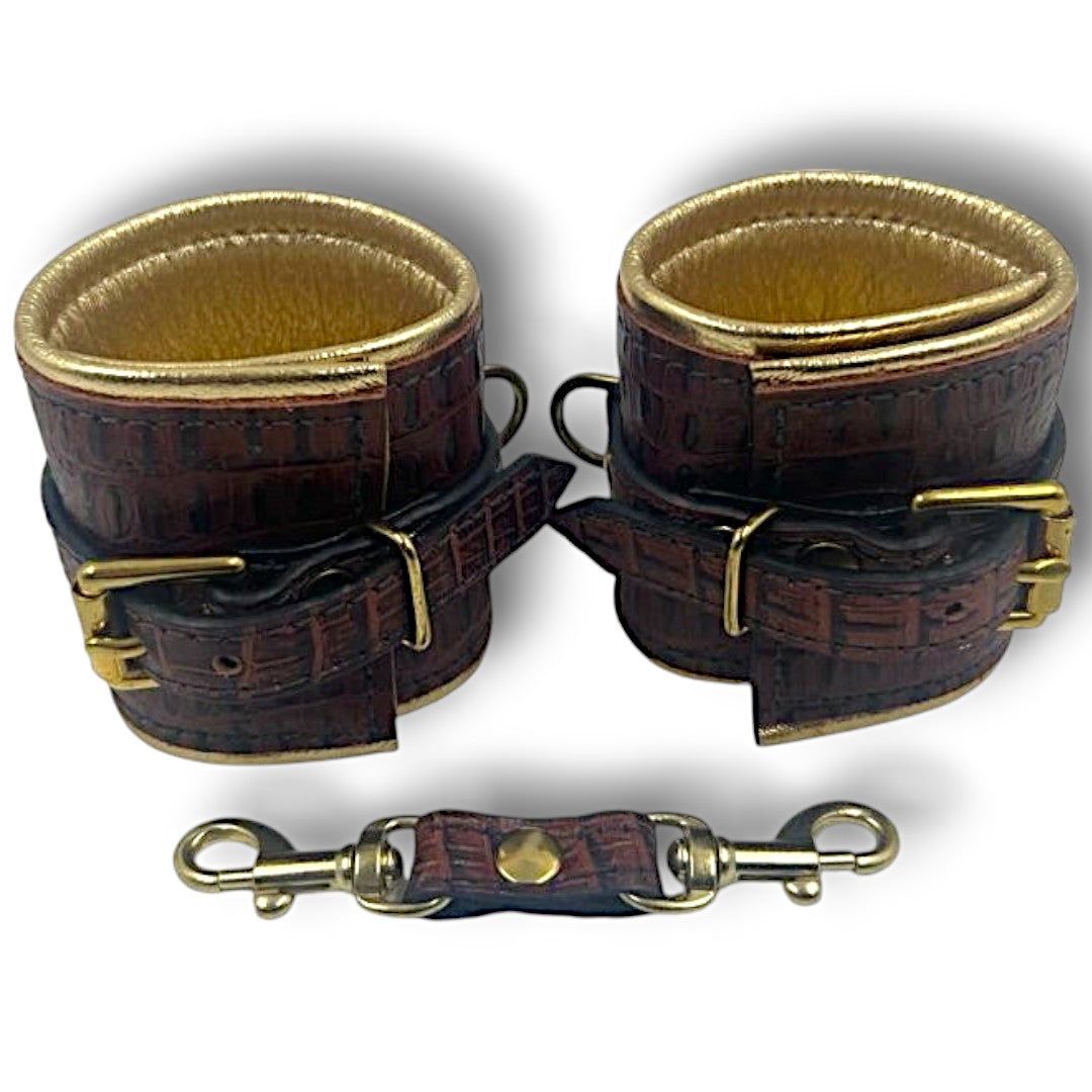 Wrist Cuffs In Brown Croc and Gold