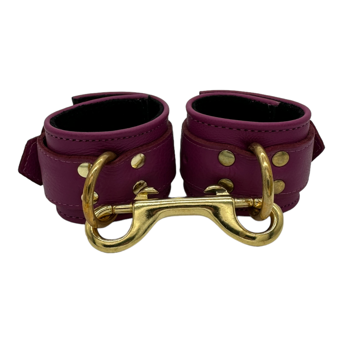 Wrist Cuffs in Dark Pink and Black Leather with Gold Hardware One Size