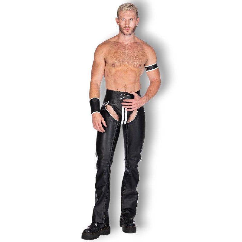 Liberation-X Full Length Leather Chaps Black With White Piping