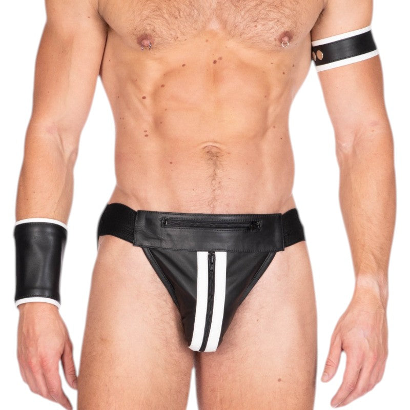 Double Stripe Leather Jock Black-White