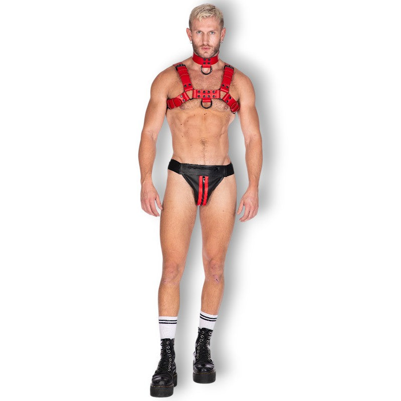 Double Stripe Leather Jock Black-Red