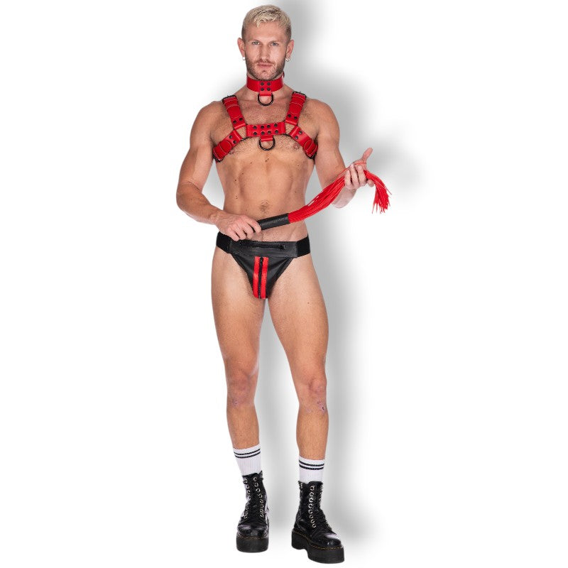 Double Stripe Leather Jock Black-Red