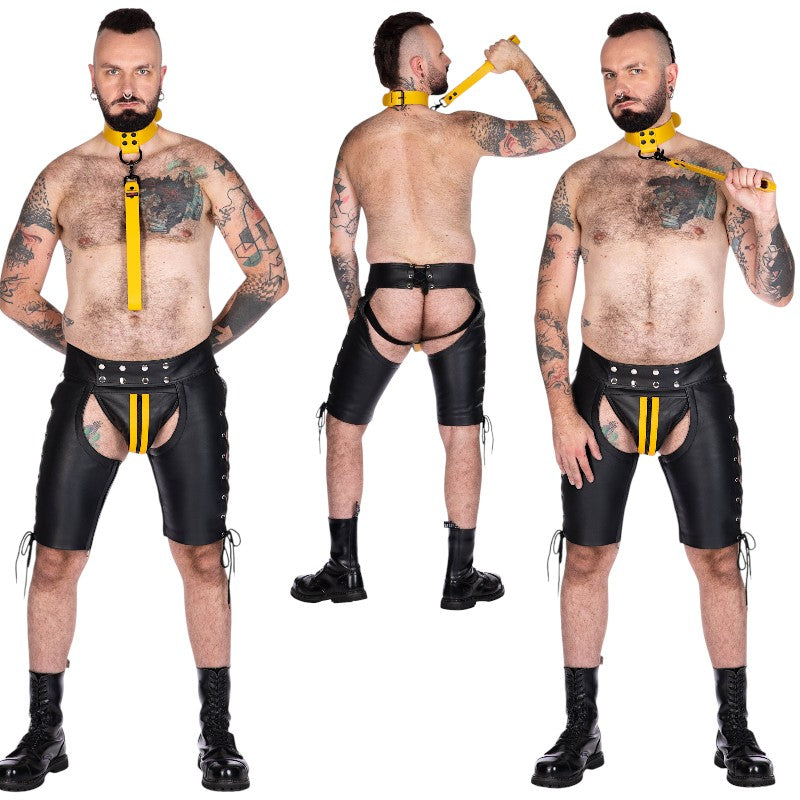 Double Stripe Leather Jock-Black/Yellow-30W
