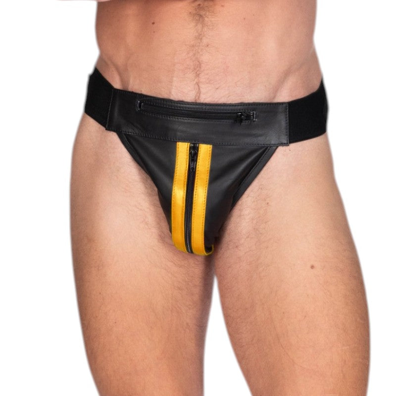 Double Stripe Leather Jock-Black/Yellow-30W
