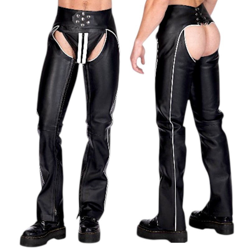 Liberation-X Full Length Leather Chaps Black With White Piping